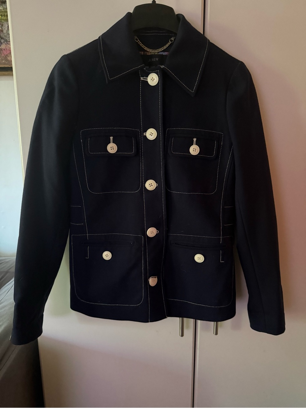 J. Crew Navy Contrast-Stitch Button Front Jacket